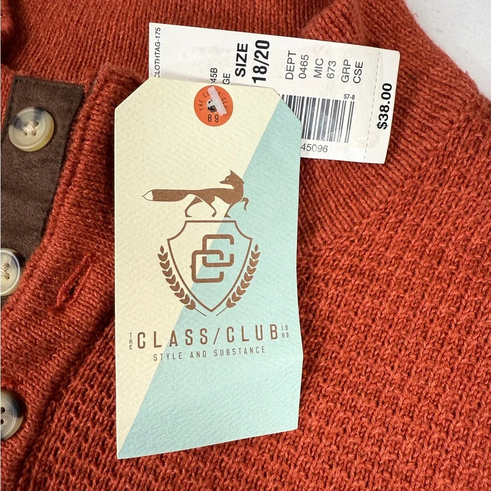 NWT‎ CLASS CLUB Boys’ Orange Waffle Knit Long Sleeve Henley Sweater Size 18-20